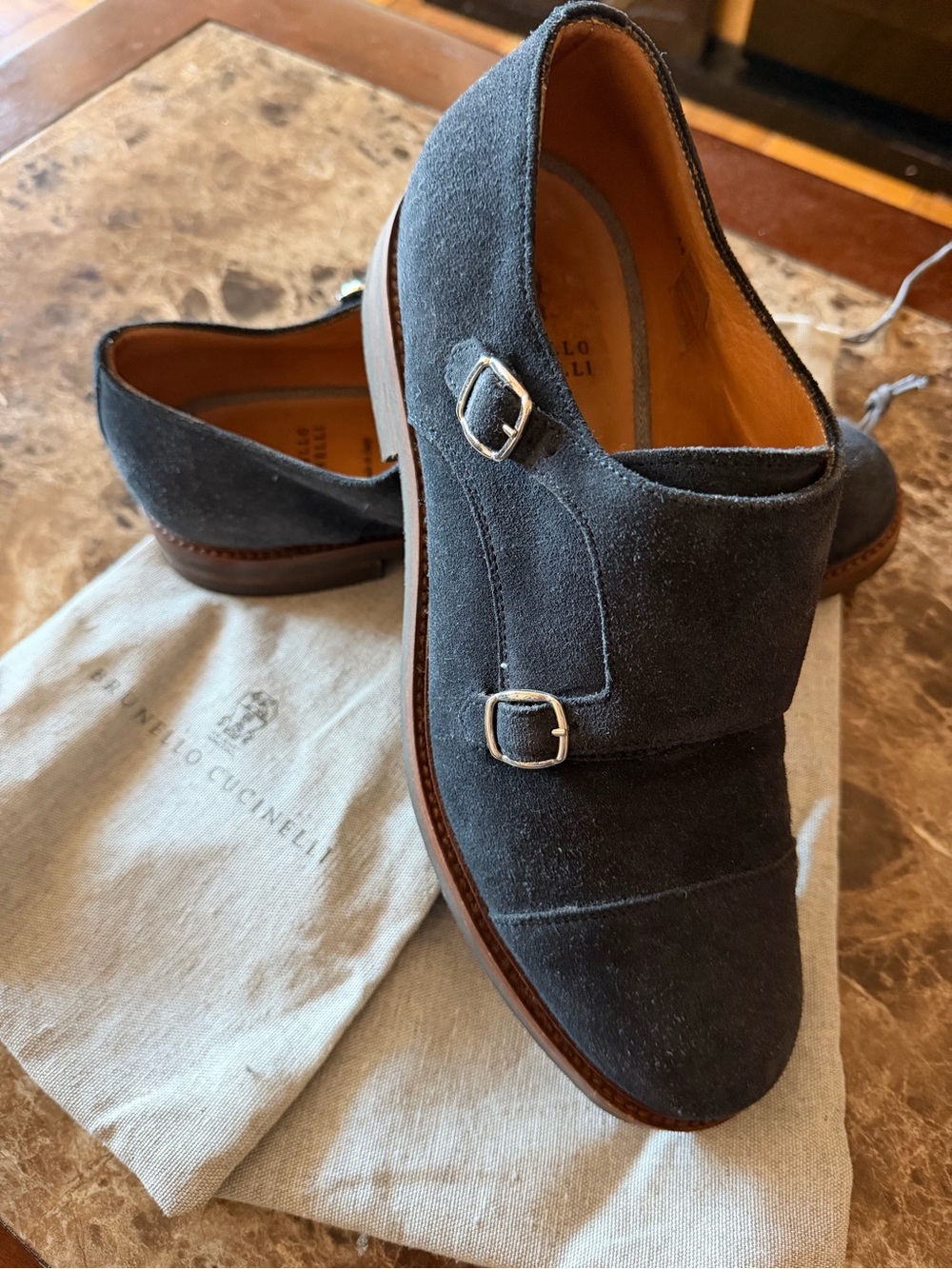 Brunello Cucinelli Dark Blue Suede Double Monk Shoes size 44